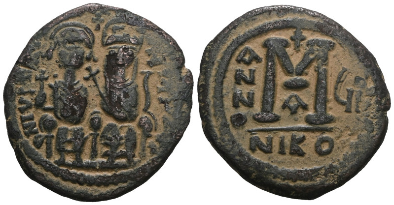 Justin II and Sophia, AE, Follis. Nicomedia . 565-578 AD. Artificial sandpatina....