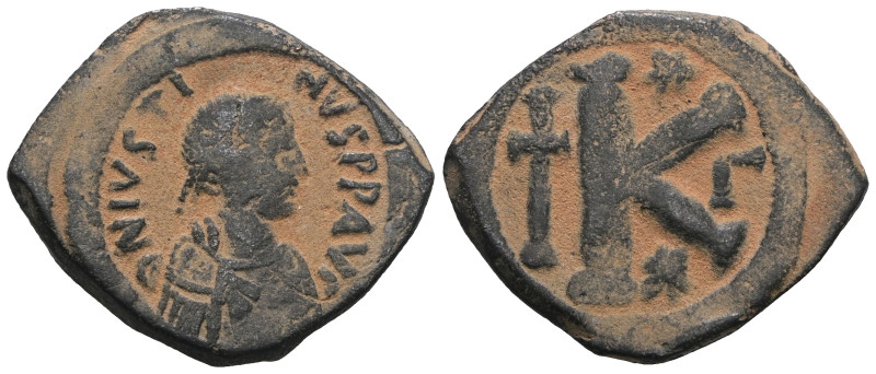 Justin I & Justinian I. 527. Æ Half Follis. Artificial sandpatina. Weight 8,44 g...