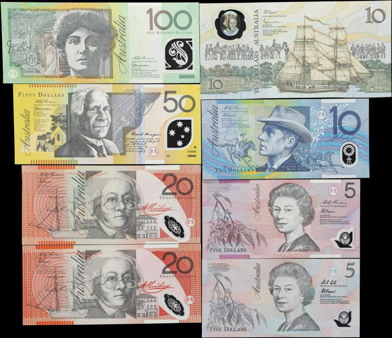 AUSTRALIA. Lot of (8). Reserve Bank of Australia. 5, 10, 20, 50, & 100 Dollars, ...