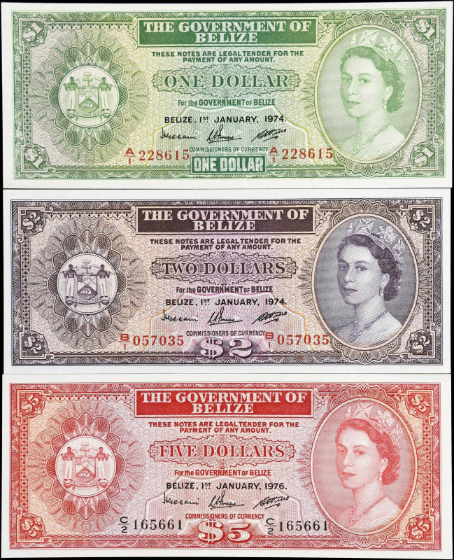 BELIZE. Lot of (3). Government of Belize. 1, 2, & 5 Dollars, 1974-76. P-33a, 34a...