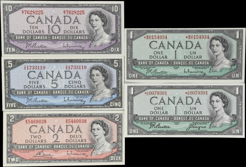 CANADA. Lot of (5). Bank of Canada. 1, 2, 5 & 10 Dollars, 1954. BC-37aA, BC-37bA...