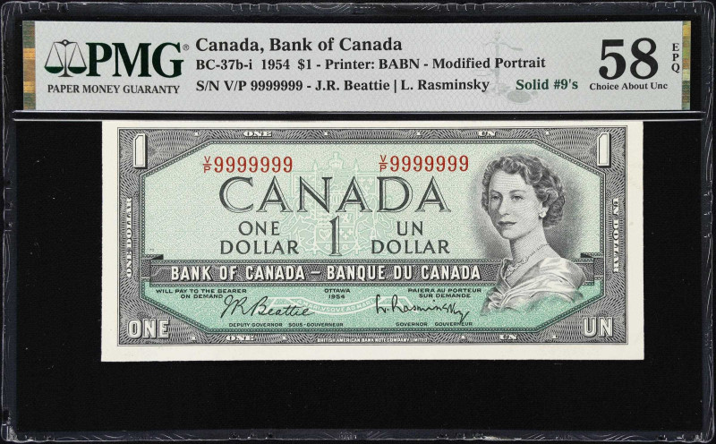 CANADA. Bank of Canada. 1 Dollar, 1954. BC-37b-i. Solid #9's. PMG Choice About U...