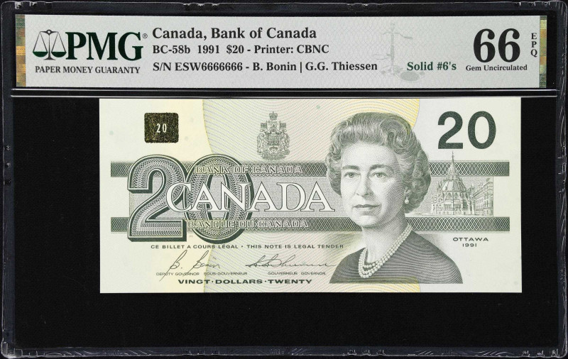 CANADA. Bank of Canada. 20 Dollars, 1991. BC-58b. Solid #6's. PMG Gem Uncirculat...