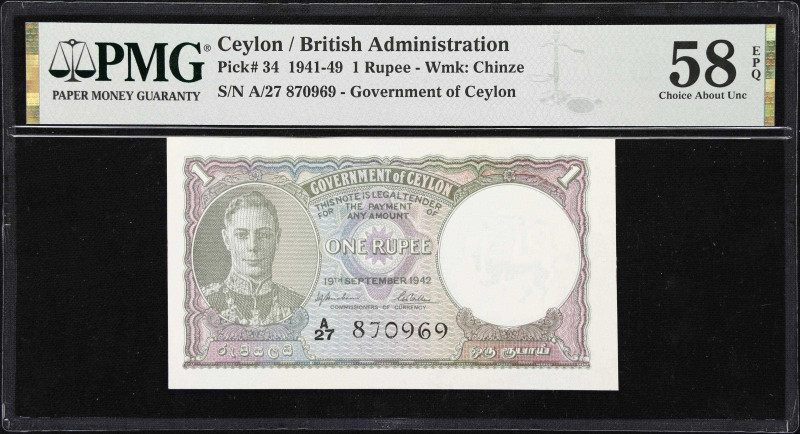 CEYLON. Government of Ceylon. 1 Rupee, 1942. P-34. PMG Choice About Uncirculated...