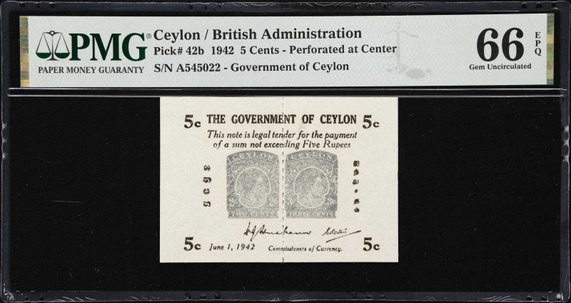 CEYLON. Government of Ceylon. 5 Cents, 1942. P-42b. PMG Gem Uncirculated 66 EPQ....