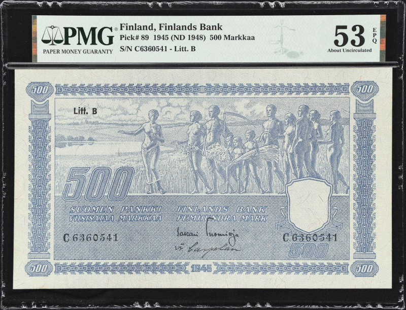 FINLAND. Finlands Bank. 500 Markkaa, 1945 (ND 1948). P-89. PMG About Uncirculate...