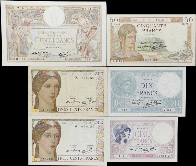 FRANCE. Lot of (6). Banque de France. 5, 10, 50, 100 & 300 Francs, 1938-41 & ND ...