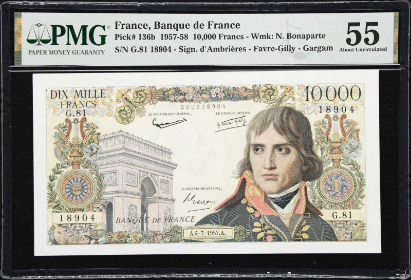 FRANCE. Banque de France. 10,000 Francs, 1957. P-136b. PMG About Uncirculated 55...