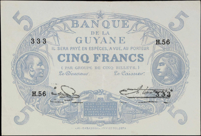 FRENCH GUIANA. Banque de la Guyane. 5 Francs, 1901 (1922-47). P-1e. Solid Number...