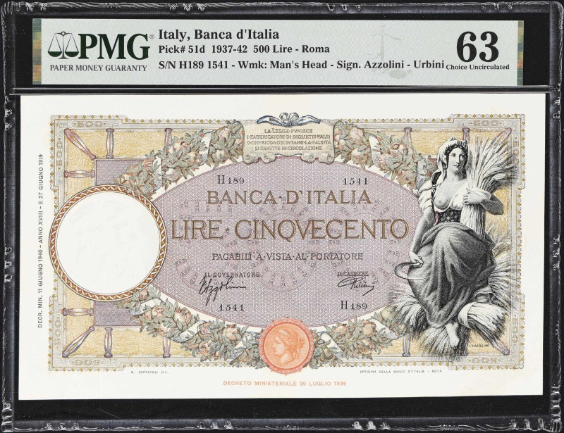 ITALY. Banca d'Italia. 500 Lire, 1940. P-51d. PMG Choice Uncirculated 63.
From ...