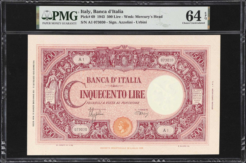 ITALY. Banca d'Italia. 500 Lire, 1943. P-69. PMG Choice Uncirculated 64 EPQ.
Fr...