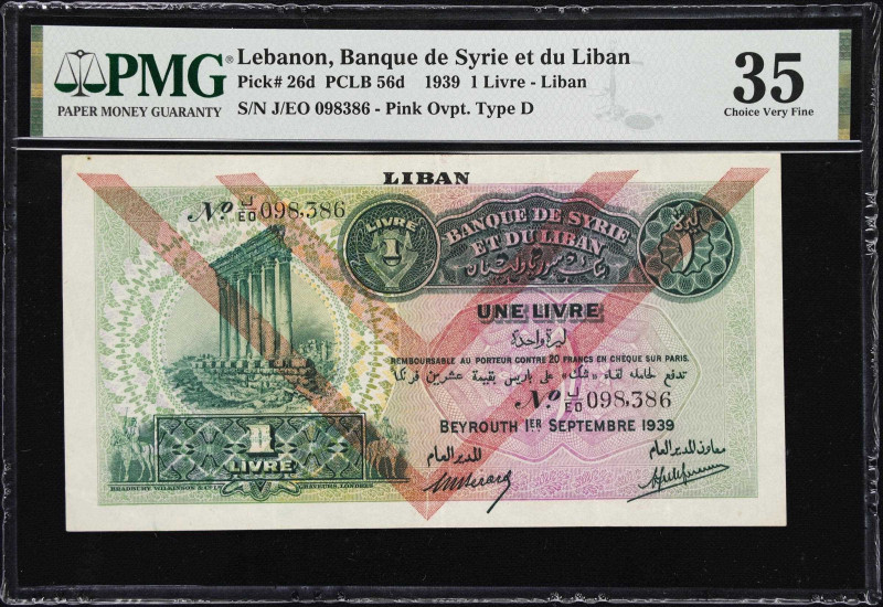 LEBANON. Banque de Syrie et du Liban. 1 Livre, 1939. P-26d. PCLB 56d. PMG Choice...