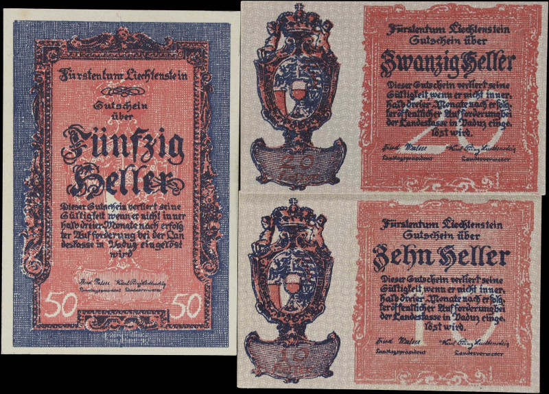 LIECHTENSTEIN. Lot of (3). Furstentum Liechtenstein. 10, 20, & 50 Heller, ND (19...