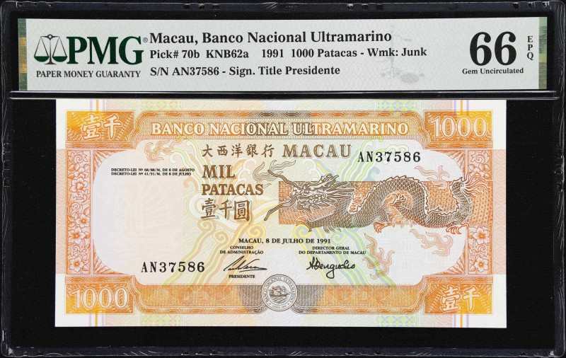 MACAU (SAR). Banco Nacional Ultramarino. 1000 Patacas, 1991. P-70b. KNB62a. PMG ...