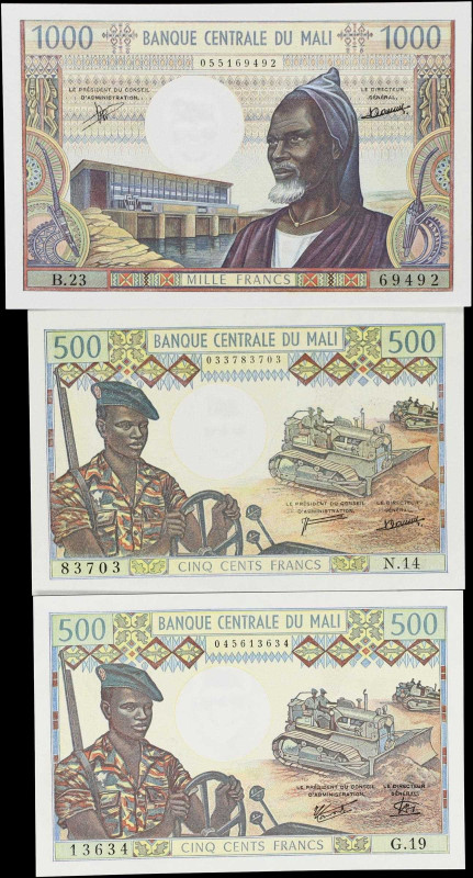 MALI. Lot of (3). Banque Centrale du Mali. 500 & 1000 Francs, ND (1973--84). P-1...