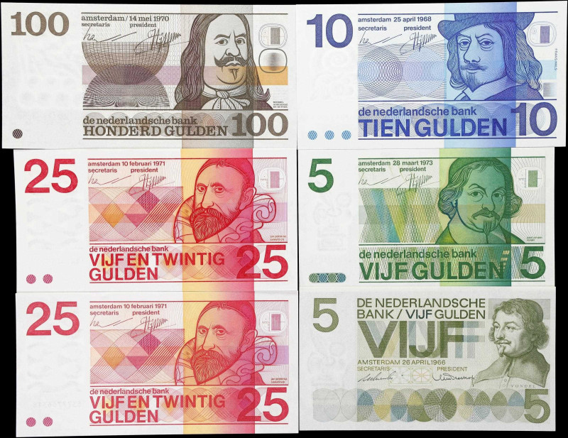 NETHERLANDS. Lot of (6). Nederlandsche Bank. 5, 10, 25, & 100 Gulden, 1966-73. P...