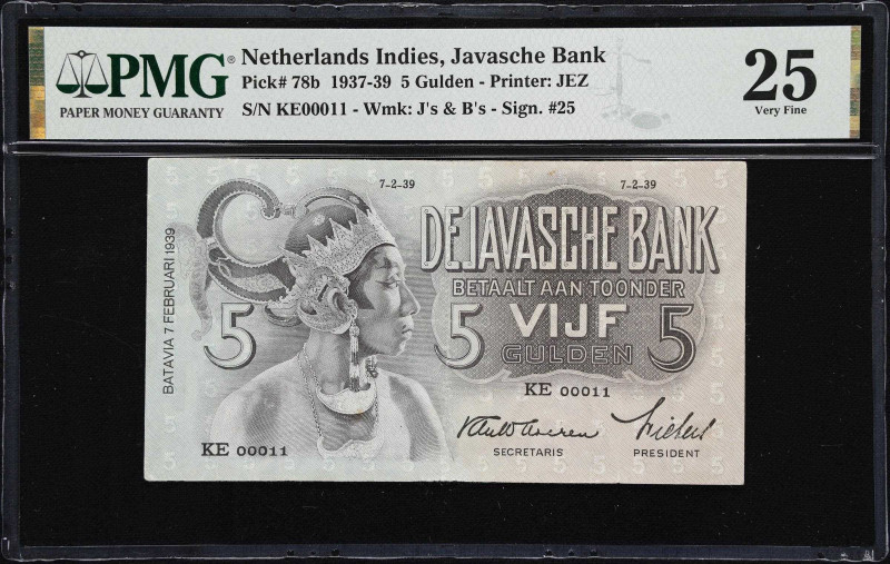 NETHERLANDS INDIES. Javasche Bank. 5 Gulden, 1939. P-78b. Binary Serial Number. ...