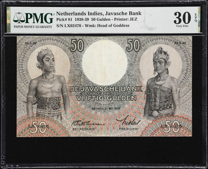 NETHERLANDS INDIES. Javasche Bank. 50 Gulden, 1938. P-81. PMG Very Fine 30 EPQ....