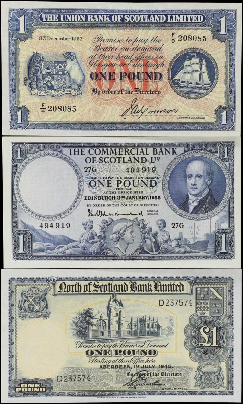 SCOTLAND. Lot of (3). Mixed Banks. 1 Pound, 1945-55. P-S336, S644 & S816a. About...