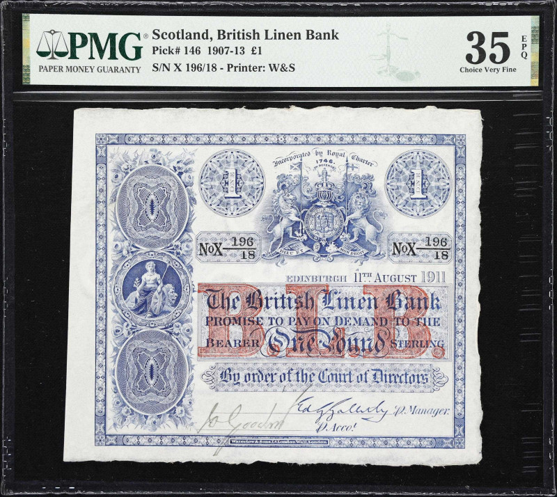 SCOTLAND. British Linen Bank. 1 Pound, 1911. P-146. PMG Choice Very Fine 35 EPQ....