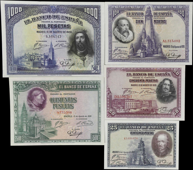 SPAIN. Lot of (5). Banco de Espana. 25, 50, 100, 500 & 1000 Pesetas, 1928. P-74b...