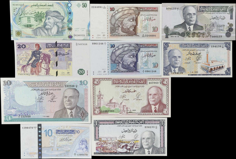 TUNISIA. Lot of (10). Banque Centrale de Tunisie. 1/2. 1, 5, 10, 20, & 50 Dinars...