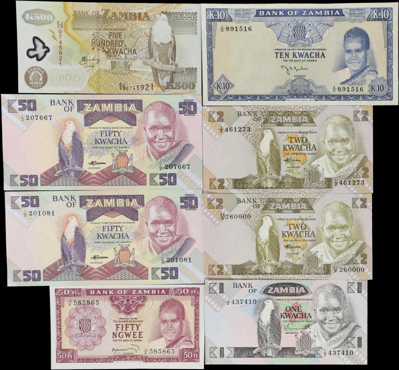 ZAMBIA. Lot of (8). Bank of Zambia. 50 Ngwee, 1, 2, 10, 50, & 500 Kwacha, ND (19...