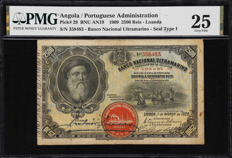 ANGOLA. Banco Nacional Ultramarino. 2500 Reis, 1909. P-29. BNU AN19. PMG Very Fi...