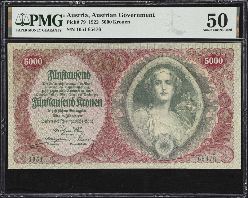 AUSTRIA. Oesterreichisch-Ungarische Bank. 5000 Kronen, 1922. P-79. PMG About Unc...