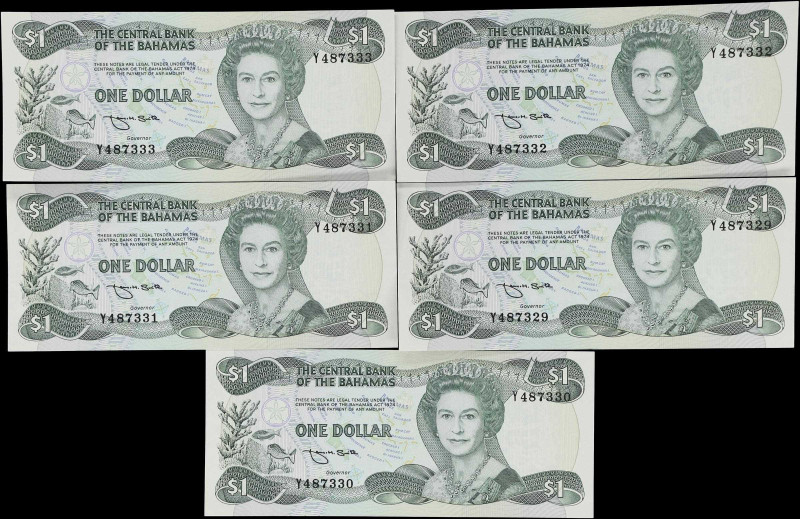 BAHAMAS. Lot of (5). Central Bank of the Bahamas. 1 Dollar, 1974 (ND 1984). P-43...