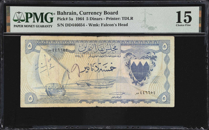 BAHRAIN. Bahrain Currency Board. 5 Dinars, 1964. P-5a. PMG Choice Fine 15.
PMG ...