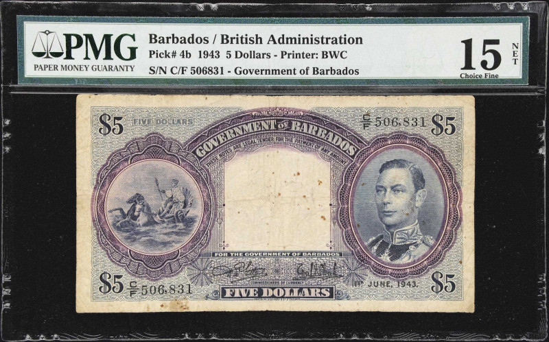 BARBADOS. Government of Barbados. 5 Dollars, 1943. P-4b. PMG Choice Fine 15 Net....