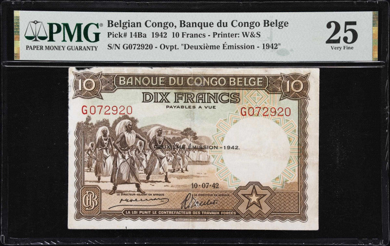 BELGIAN CONGO. Banque du Congo Belge. 10 Francs, 1942. P-14Ba. PMG Very Fine 25....