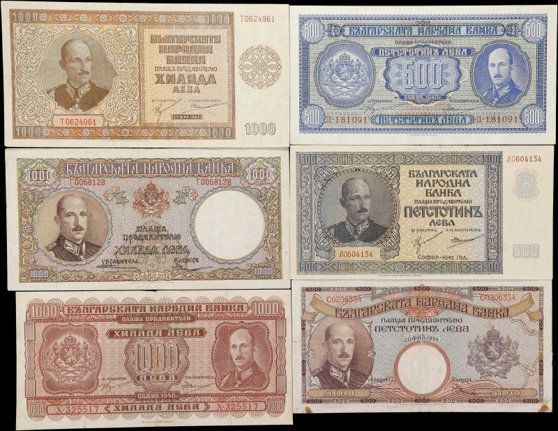 BULGARIA. lot of (6). B'lgarska Narodna Banka. 500 & 1000 Leva, 1938-42. P-55, 5...