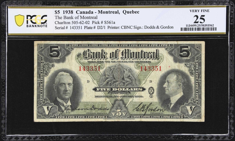 CANADA. Bank of Montreal. 5 Dollars, 1938. CH #505-62-02. PCGS Banknote Very Fin...