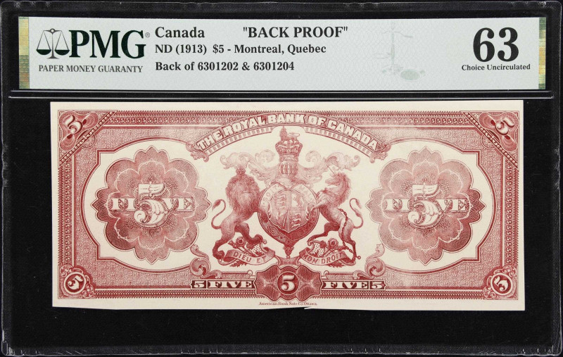 CANADA. Royal Bank of Canada. 5 Dollars, ND (1913). CH #630-12-02. Back Proof. P...