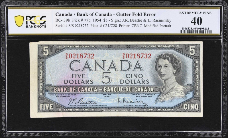 CANADA. Bank of Canada. 5 Dollars, 1954. BC-39b. Gutter Fold Error. PCGS Banknot...