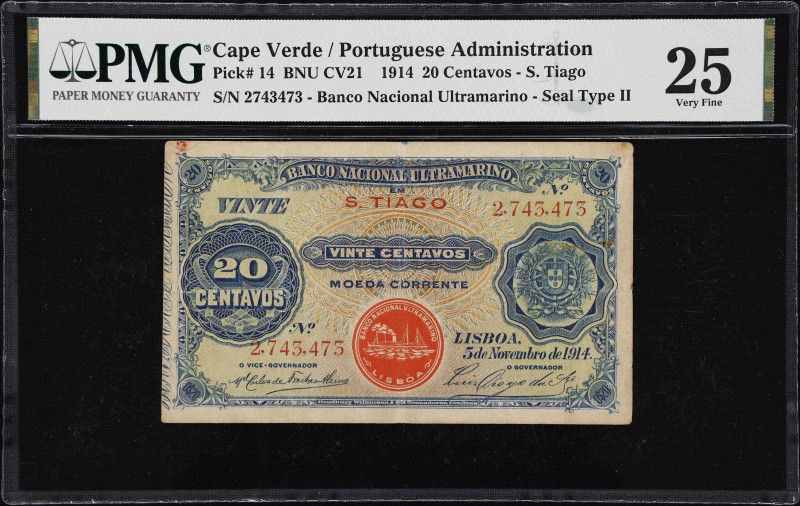 CAPE VERDE. Banco Nacional Ultramarino. 20 Centavos, 1914. P-14. BNU CV21. PMG V...