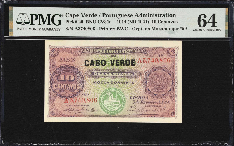 CAPE VERDE. Banco Nacional Ultramarino. 10 Centavos, 1914 (ND 1921). P-20. BJU C...