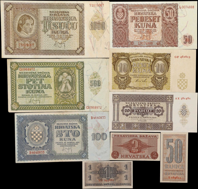 CROATIA. Lot of (9). Nezavisna Drzava Hrvatska. 50 Banica, 50 to 1000 Kuna, 1941...