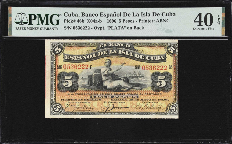 CUBA. Banco de la Isla de Cuba. 5 Pesos, 1896. P-48b. X04a-b. PMG Extremely Fine...