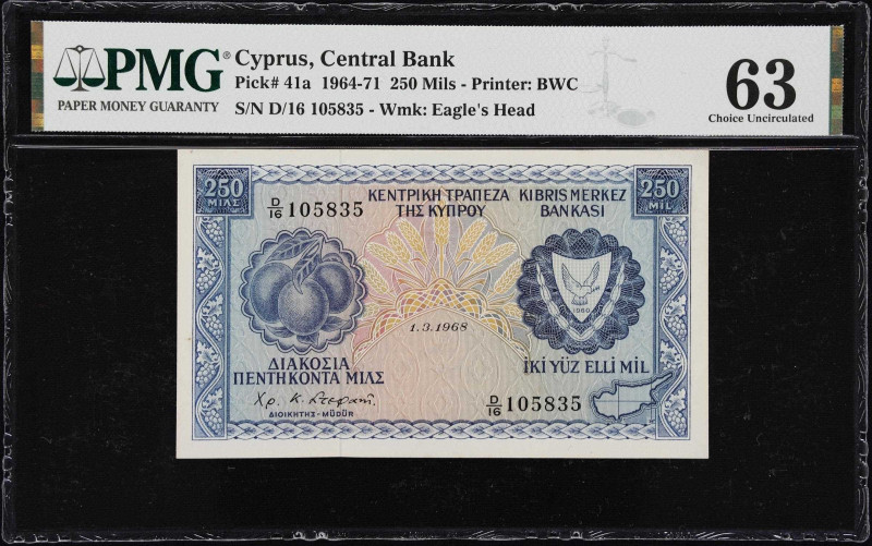 CYPRUS. Central Bank of Cyprus. 250 Mils, 1968. P-41a. PMG Choice Uncirculated 6...