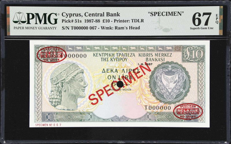 CYPRUS. Central Bank of Cyprus. 10 Pounds, 1987. P-51s. Specimen. PMG Superb Gem...