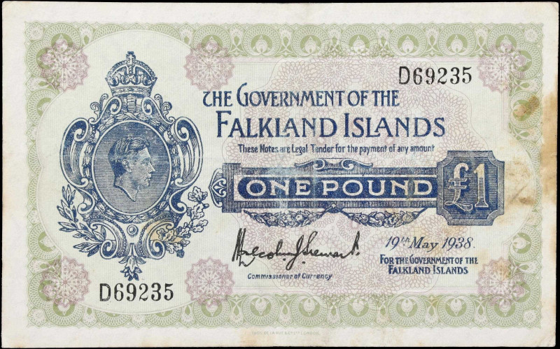 FALKLAND ISLANDS. Government of the Falkland Islands. 1 Pound, 1938. P-5. Very F...