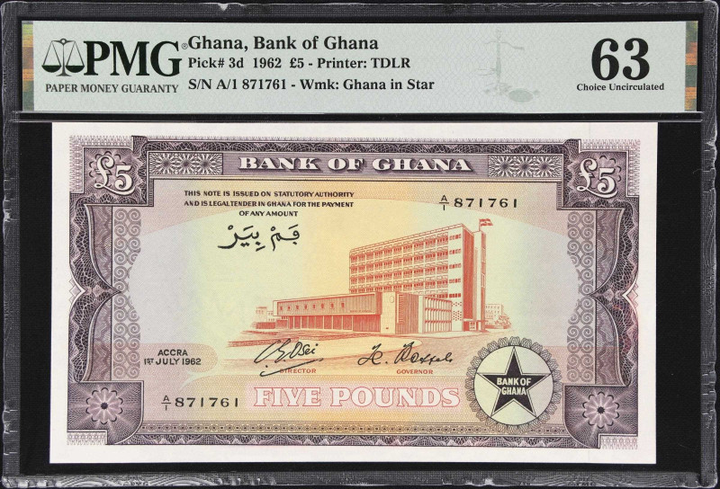 GHANA. Bank of Ghana. 5 Pounds, 1962. P-3d. PMG Choice Uncirculated 63.
PMG Com...