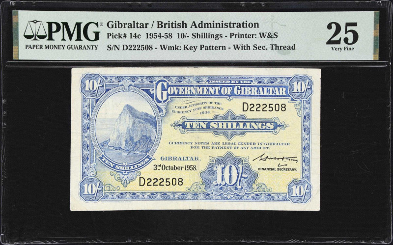 GIBRALTAR. Lot of (2). Government of Gibraltar. 10 Shillings & 1 Pound, 1958. P-...