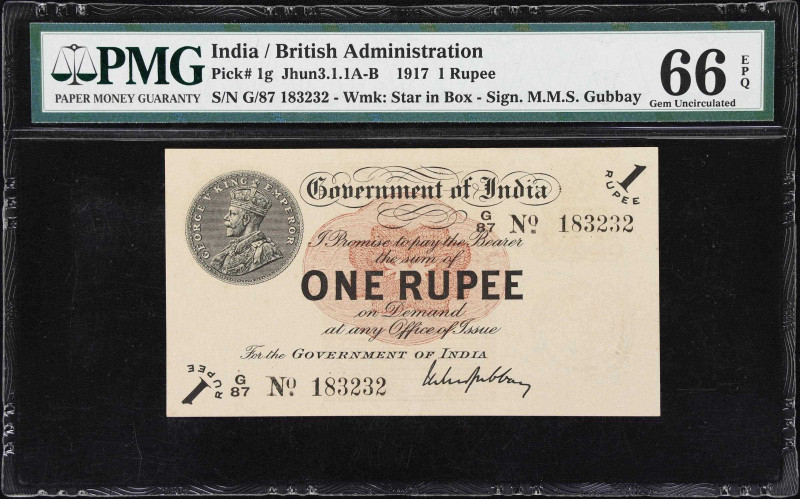 INDIA. Government of India. 1 Rupee, 1917. P-1g. Jhun3.1.1B. PMG Gem Uncirculate...