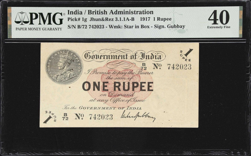 INDIA. Government of India. 1 Rupee, 1917. P-1g. Jhun&Rez 3.1.1A. PMG Extremely ...