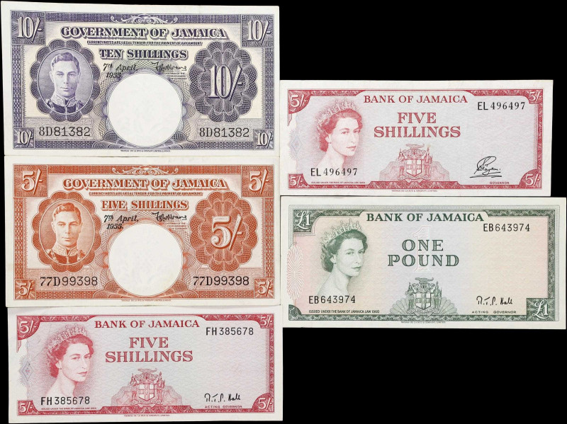 JAMAICA. Lot of (5). Bank of Jamaica & Government of Jamaica. 5 Shillings, 10 Sh...