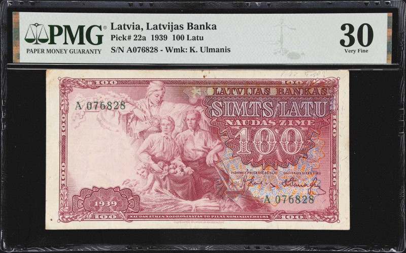 LATVIA. Latvijas Banka. 100 Latu, 1939. P-22a. PMG Very Fine 30.
PMG Comments "...